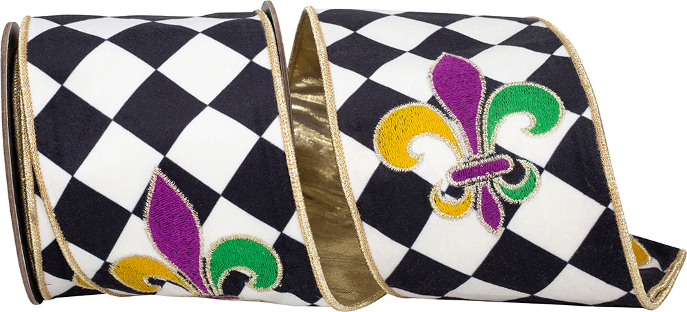 Fleur De Lis Embroidery Black White 4 Inch Ribbon