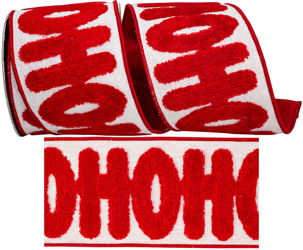 Red 4 Inch Hohoho Embroidery Textured Fused Dupioni Backed Wired Edge Ribbon for Wreaths & Bows