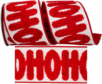Red 4 Inch Hohoho Embroidery Textured Fused Dupioni Backed Wired Edge Ribbon for Wreaths & Bows