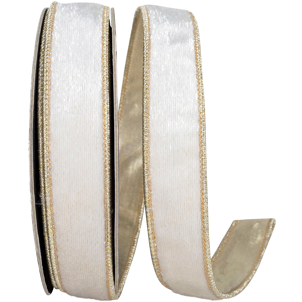 Snowfall Velvet Plush Ribbon White Gold 1 Inch for Bows