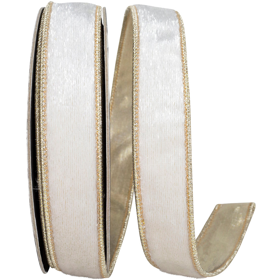 Snowfall Velvet Plush Ribbon White Gold 1 Inch for Bows