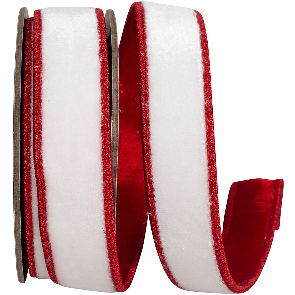 Velvet Plush 1 Inch White Red Wired Edge Ribbon