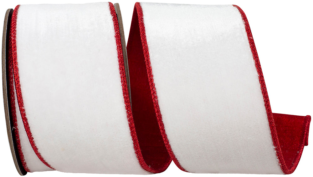 Velvet Plush White Red Wired Edge Ribbon 2-1/2 Inch