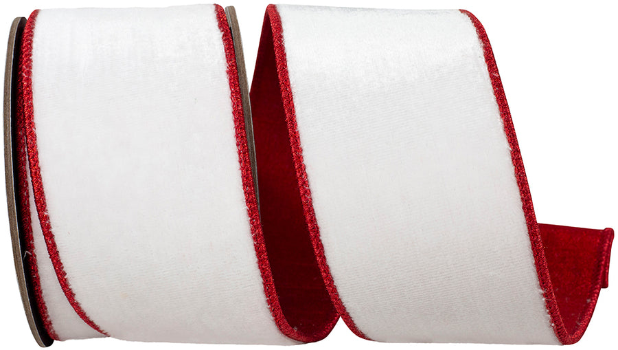 Velvet Plush White Red Wired Edge Ribbon 2-1/2 Inch