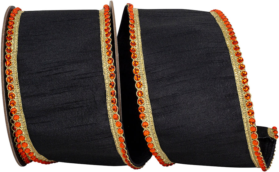 Black 4 Inch Regal Jeweled Edge Trimming Dupioni Fused Backed Wired Edge Ribbon for Wreaths & Bows
