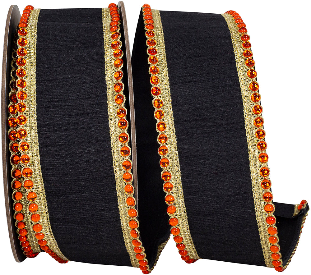 Black 2-1 2 Inch Regal Jeweled Edge Trimming Dupioni Fused Backed Wired Edge Ribbon for Wreaths & Bows
