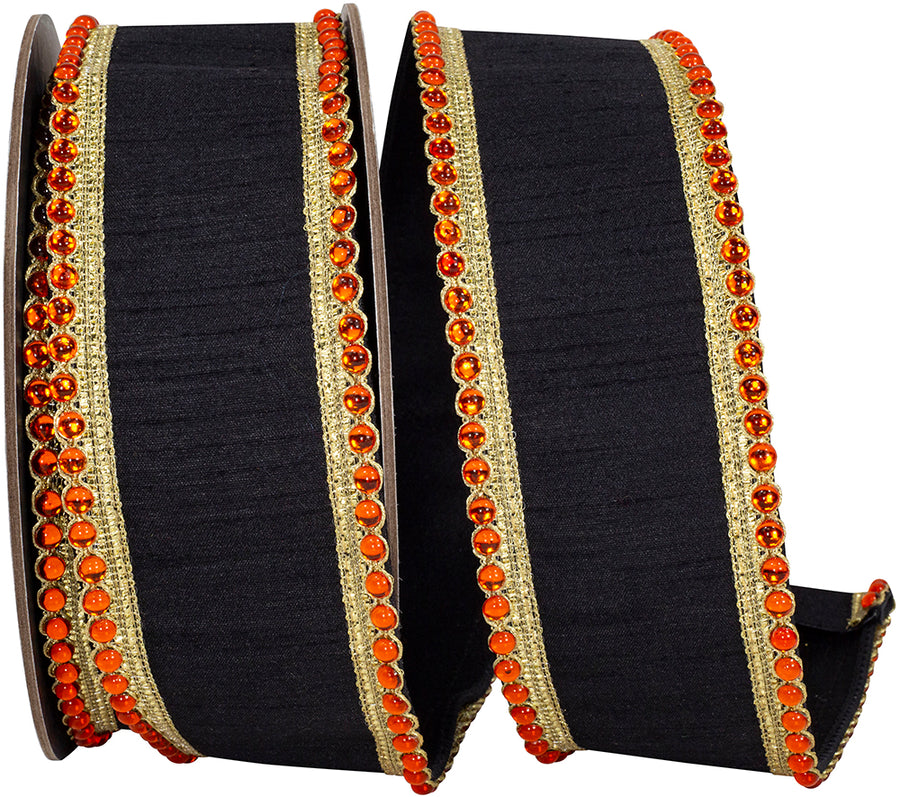 Black 2-1 2 Inch Regal Jeweled Edge Trimming Dupioni Fused Backed Wired Edge Ribbon for Wreaths & Bows