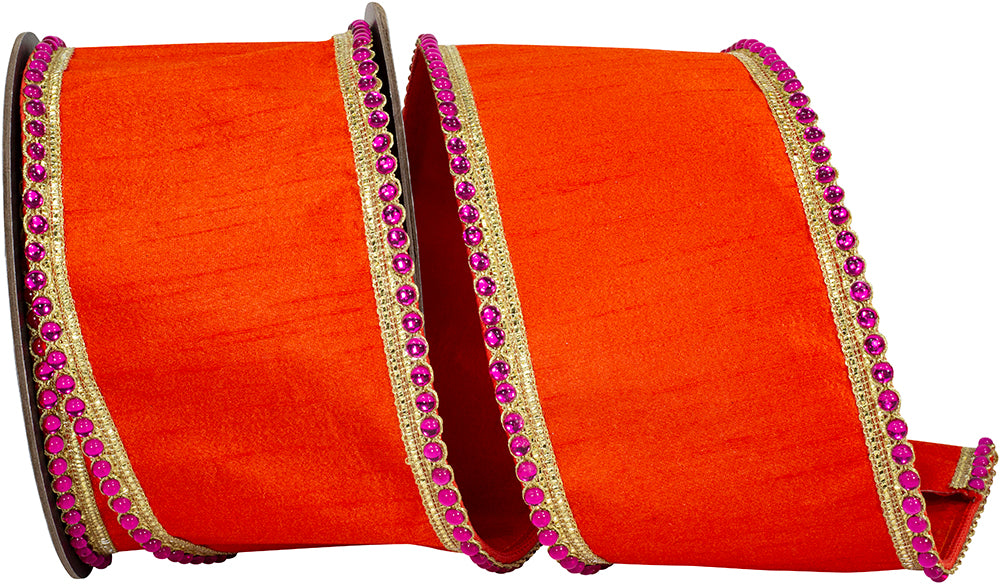 Orange 4 Inch Regal Jeweled Edge Trimming Dupioni Fused Backed Wired Edge Ribbon for Wreaths & Bows