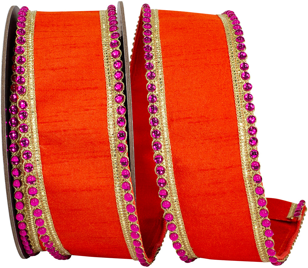 Orange 2-1 2 Inch Regal Jeweled Edge Trimming Dupioni Fused Backed Wired Edge Ribbon for Wreaths & Bows