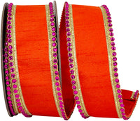 Orange 2-1 2 Inch Regal Jeweled Edge Trimming Dupioni Fused Backed Wired Edge Ribbon for Wreaths & Bows
