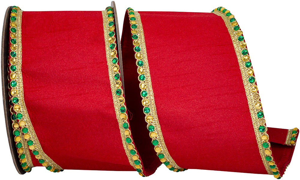 Red 4 Inch Regal Jeweled Edge Trimming Dupioni Fused Backed Wired Edge Ribbon for Wreaths & Bows