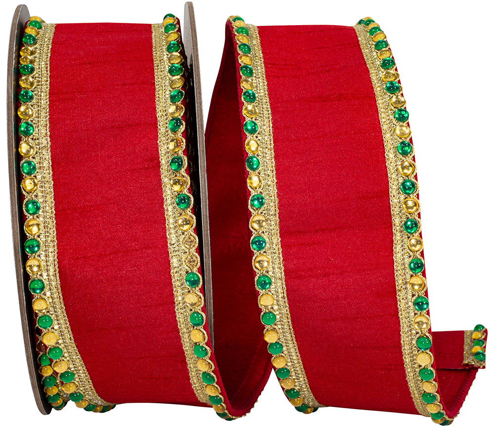 Red 2-1 2 Inch Regal Jeweled Edge Trimming Dupioni Fused Backed Wired Edge Ribbon for Wreaths & Bows