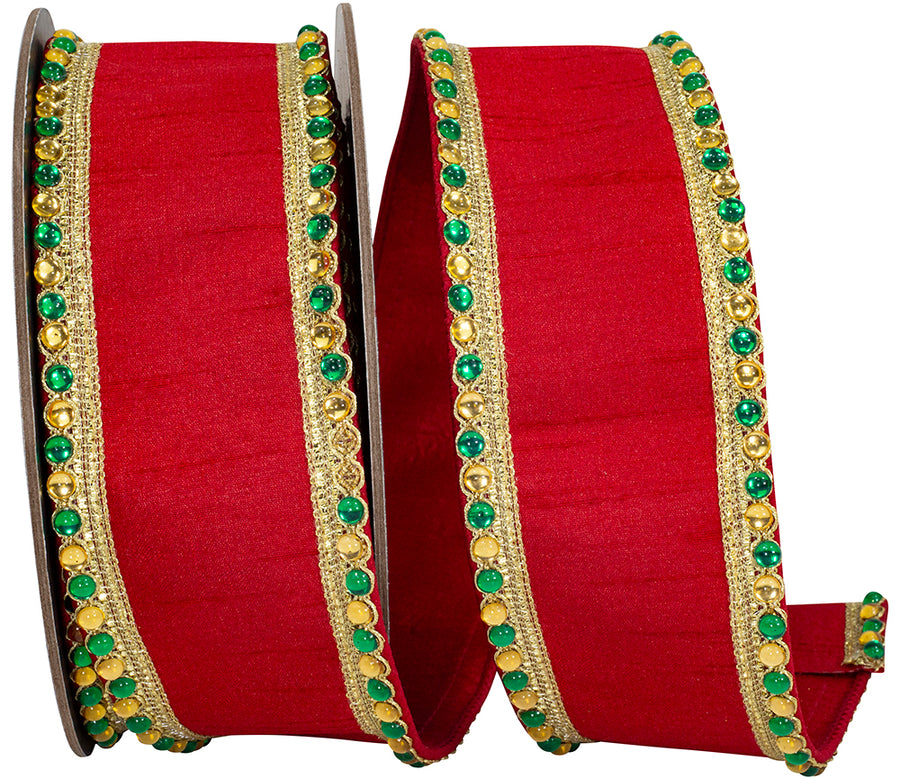 Red 2-1 2 Inch Regal Jeweled Edge Trimming Dupioni Fused Backed Wired Edge Ribbon for Wreaths & Bows