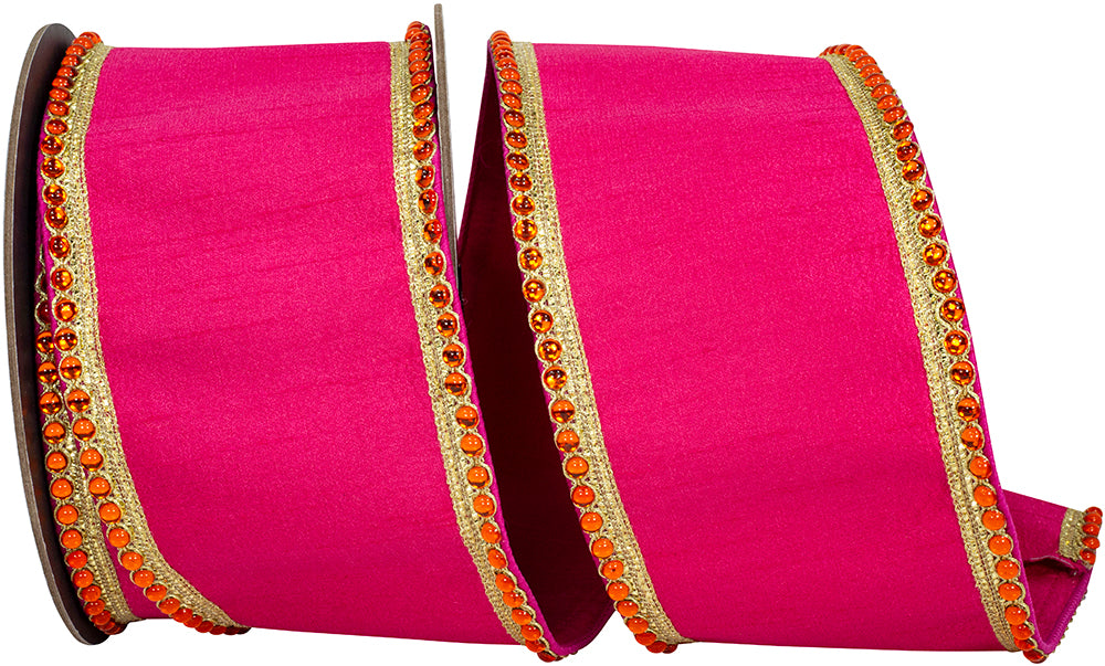 Fuchsia 4 Inch Regal Jeweled Edge Trimming Dupioni Fused Backed Wired Edge Ribbon for Wreaths & Bows