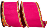 Fuchsia 4 Inch Regal Jeweled Edge Trimming Dupioni Fused Backed Wired Edge Ribbon for Wreaths & Bows
