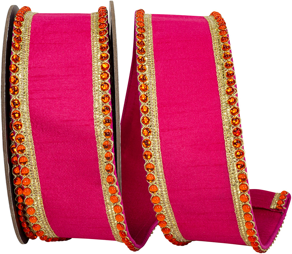 Fuchsia 2-1 2 Inch Regal Jeweled Edge Trimming Dupioni Fused Backed Wired Edge Ribbon for Wreaths & Bows