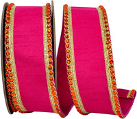 Fuchsia 2-1 2 Inch Regal Jeweled Edge Trimming Dupioni Fused Backed Wired Edge Ribbon for Wreaths & Bows