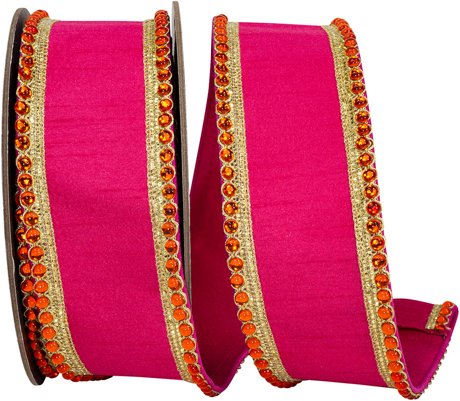 Fuchsia 2-1 2 Inch Regal Jeweled Edge Trimming Dupioni Fused Backed Wired Edge Ribbon for Wreaths & Bows