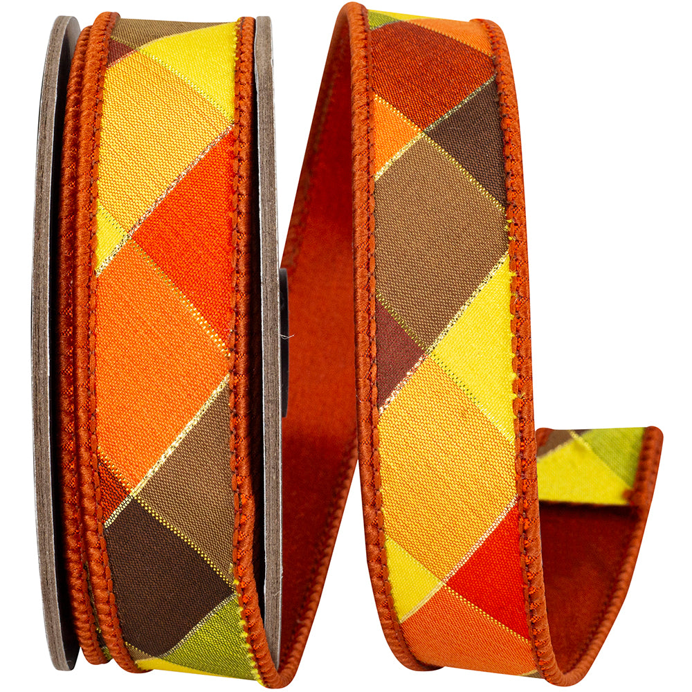 Rust 1 Inch Tierra Sparkle Diagonal Check Fused Backed Wired Edge Ribbon for Wreaths & Bows