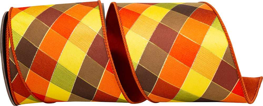 Rust 4 Inch Tierra Sparkle Diagonal Check Fused Backed Wired Edge Ribbon for Wreaths & Bows