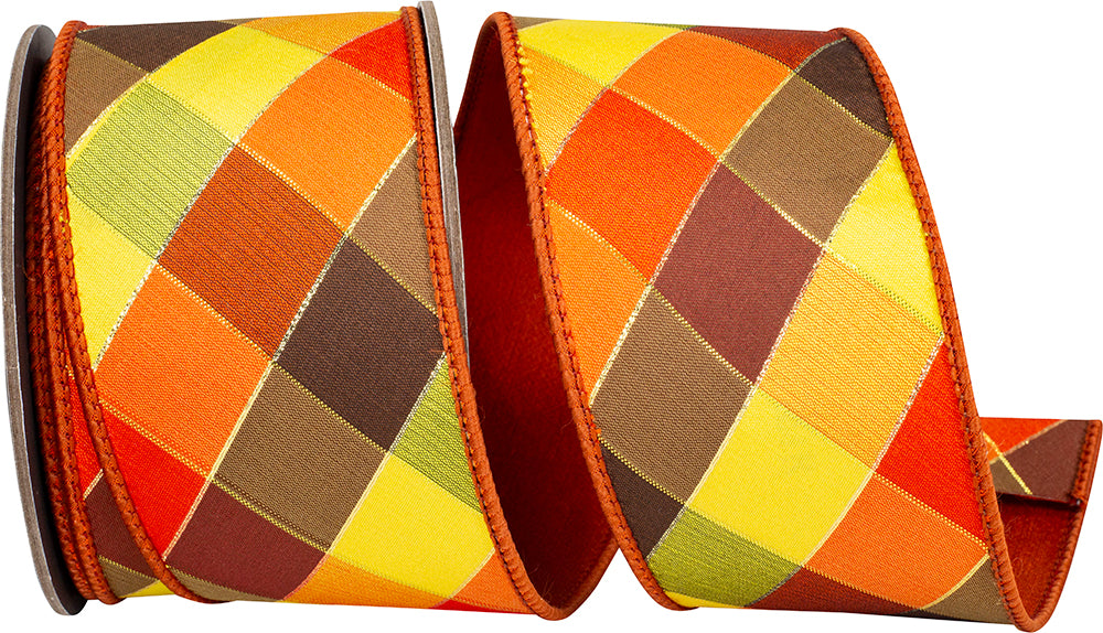 Rust 2-1 2 Inch Tierra Sparkle Diagonal Check Fused Backed Wired Edge Ribbon for Wreaths & Bows
