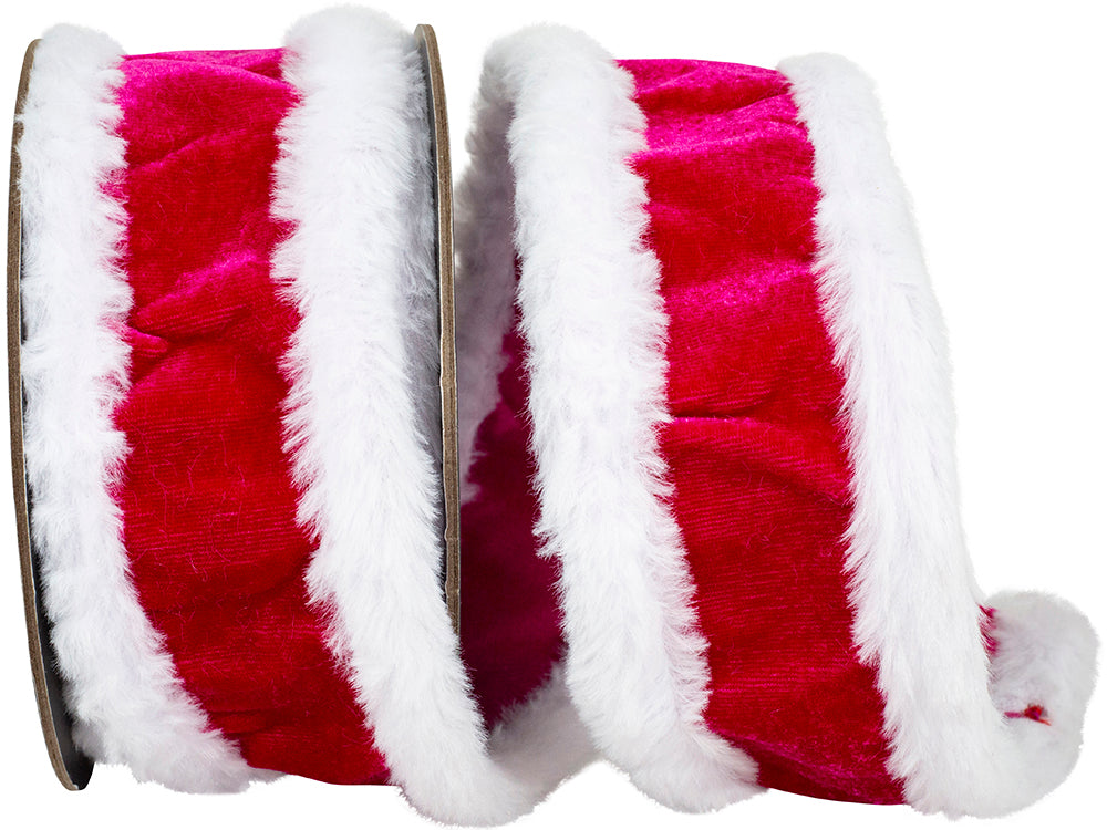 Fuchsia White Plush Velvet Wired Edge Ribbon 2-1/2 Inch