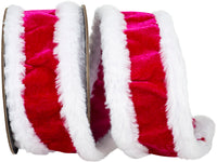 Fuchsia White Plush Velvet Wired Edge Ribbon 2-1/2 Inch