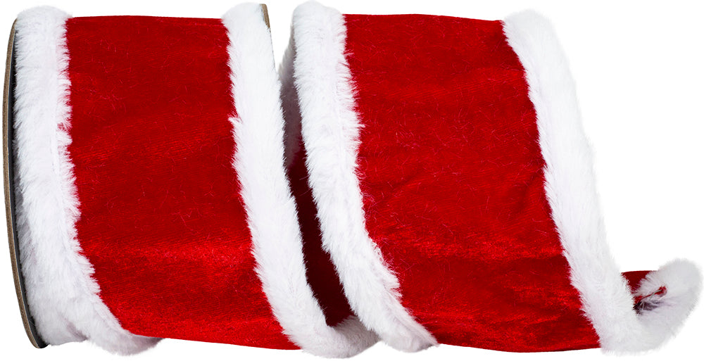 Red White 4 Inch Santas Style Plush Velvet Furry Trimming Wired Edge Ribbon for Wreaths & Bows