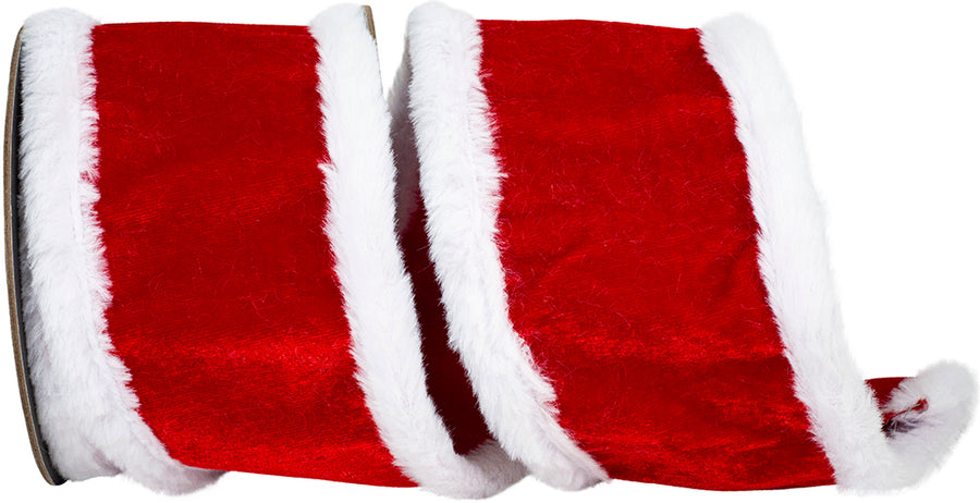 Red White 4 Inch Santas Style Plush Velvet Furry Trimming Wired Edge Ribbon for Wreaths & Bows