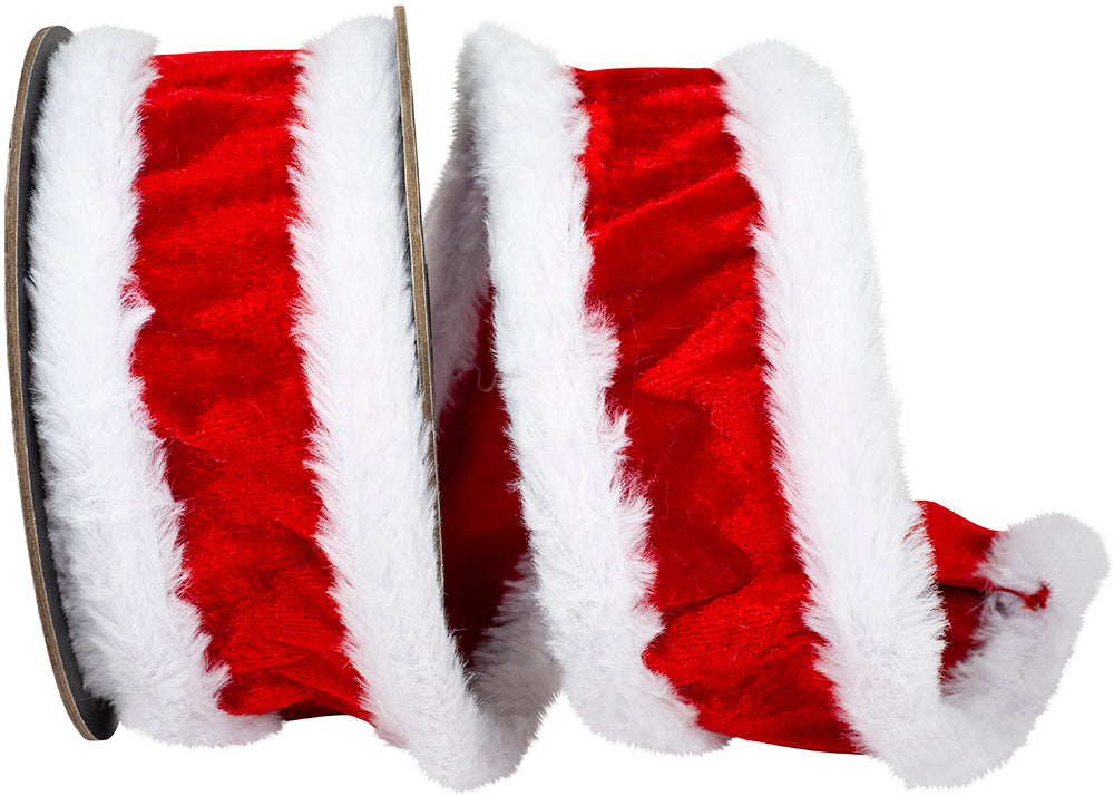 Red White 2-1 2 Inch Santas Style Plush Velvet Furry Trimming Wired Edge Ribbon for Wreaths & Bows