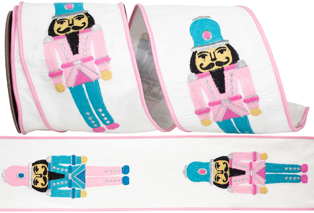 White Pink 4 Inch Nutcracker Embroidery Fashion Dupioni Wired Edge Ribbon for Wreaths & Bows