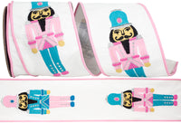 White Pink 4 Inch Nutcracker Embroidery Fashion Dupioni Wired Edge Ribbon for Wreaths & Bows