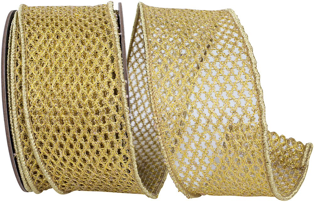 Gold 2-1/2 Inch Metallic Chain Link Net Wired Edge Ribbon