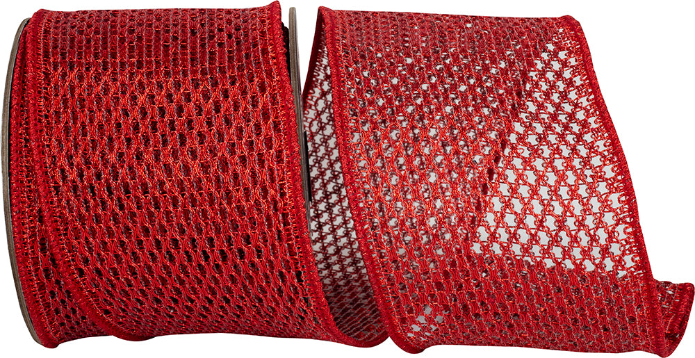Red 4 Inch Metallic Chain Link Net Wired Edge Ribbon