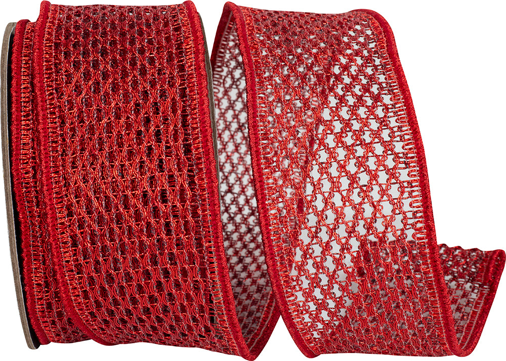 Red 2-1/2 Inch Metallic Chain Link Net Wired Edge Ribbon