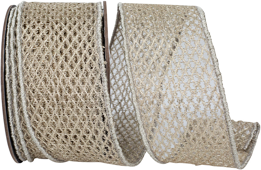 Platinum Antique Metallic Chain Link Net Ribbon 2-1/2 Inch