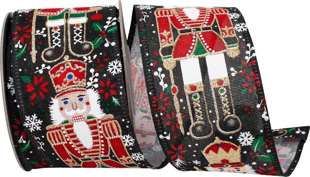 Black 2-1 2 Inch Nutcracker Sparkle Holiday Wired Edge Ribbon for Wreaths & Bows