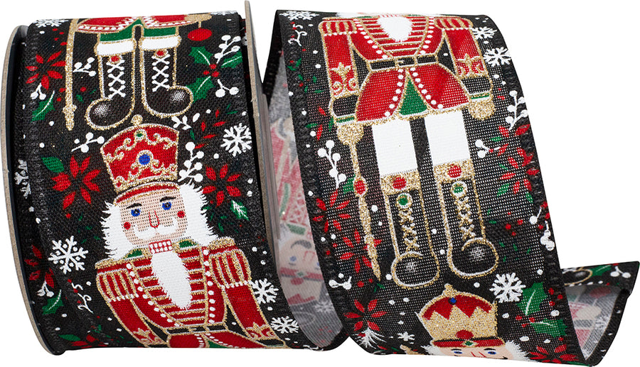 Black 2-1 2 Inch Nutcracker Sparkle Holiday Wired Edge Ribbon for Wreaths & Bows