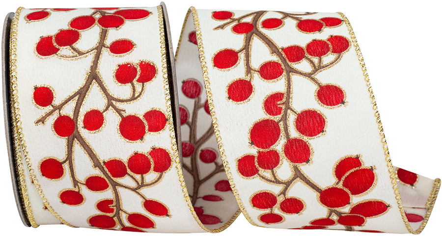 Cream 2-1 2 Inch Berry Vine Sparkle Wired Edge Ribbon for Wreaths & Bows