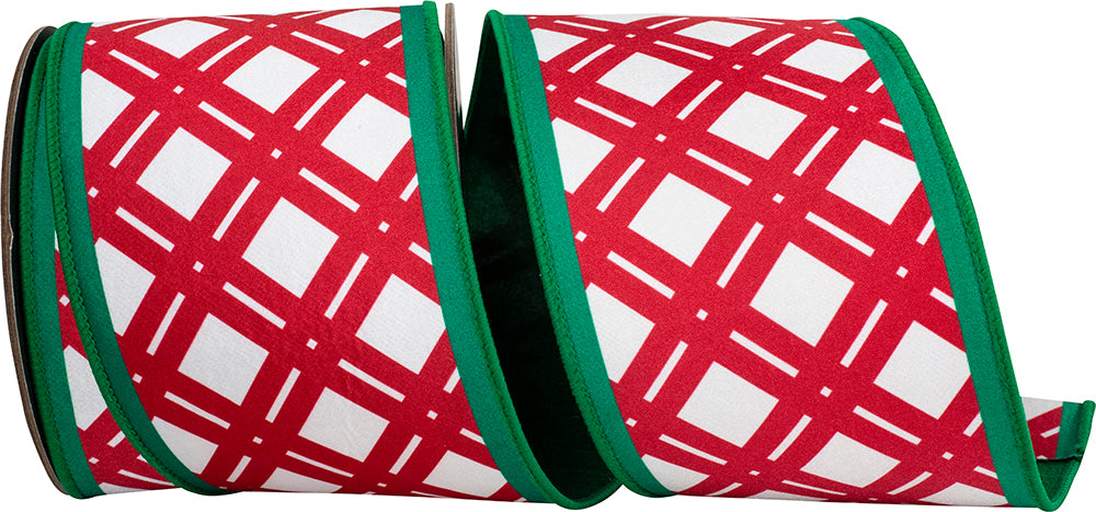 Red Green 4 Inch Double Lattice Fashion Fused Dupioni Backed Wired Edge Ribbon for Wreaths & Bows