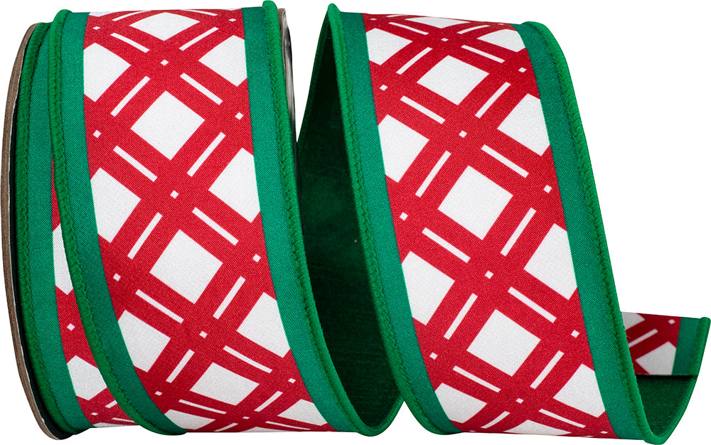 Red Green 2-1 2 Inch Double Lattice Fashion Fused Dupioni Backed Wired Edge Ribbon for Wreaths & Bows