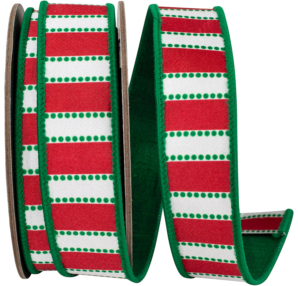 Red Green 1-1 2 Inch Dots And Bars Striped Fused Dupioni Backed Wired Edge Ribbon for Wreaths & Bows
