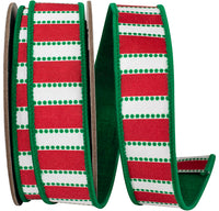 Red Green 1-1 2 Inch Dots And Bars Striped Fused Dupioni Backed Wired Edge Ribbon for Wreaths & Bows