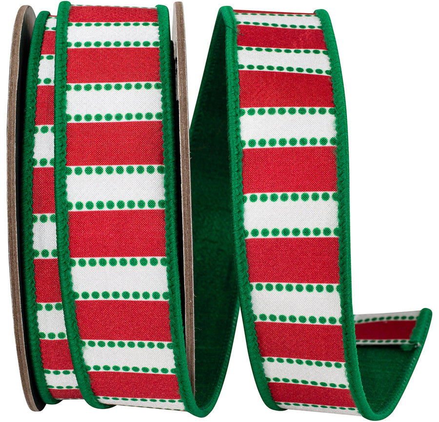 Red Green 1-1 2 Inch Dots And Bars Striped Fused Dupioni Backed Wired Edge Ribbon for Wreaths & Bows
