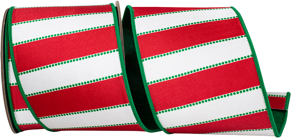 Red Green 4 Inch Dots And Bars Striped Fused Dupioni Backed Wired Edge Ribbon for Wreaths & Bows