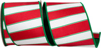 Red Green 4 Inch Dots And Bars Striped Fused Dupioni Backed Wired Edge Ribbon for Wreaths & Bows
