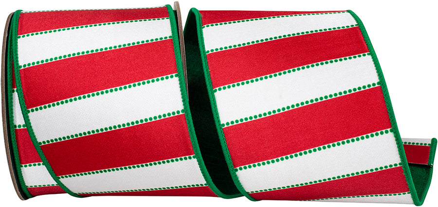 Red Green 4 Inch Dots And Bars Striped Fused Dupioni Backed Wired Edge Ribbon for Wreaths & Bows