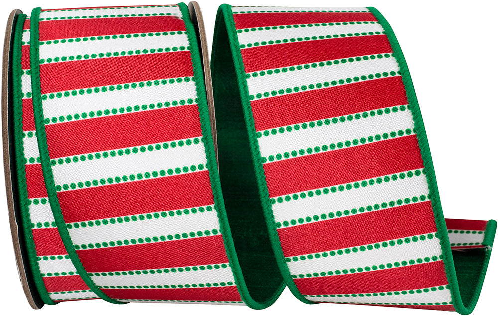 Red Green 2-1 2 Inch Dots And Bars Striped Fused Dupioni Backed Wired Edge Ribbon for Wreaths & Bows