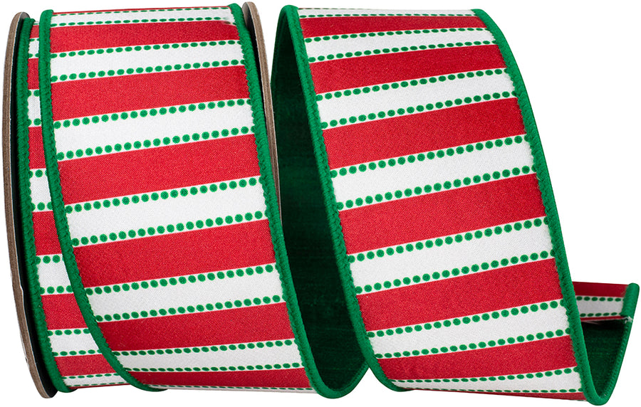 Red Green 2-1 2 Inch Dots And Bars Striped Fused Dupioni Backed Wired Edge Ribbon for Wreaths & Bows