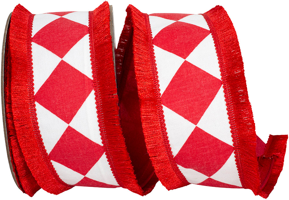 Red 2-1 2 Inch Grand Diamond Fringed Edge Fused Dupioni Backed Wired Edge Ribbon for Wreaths & Bows